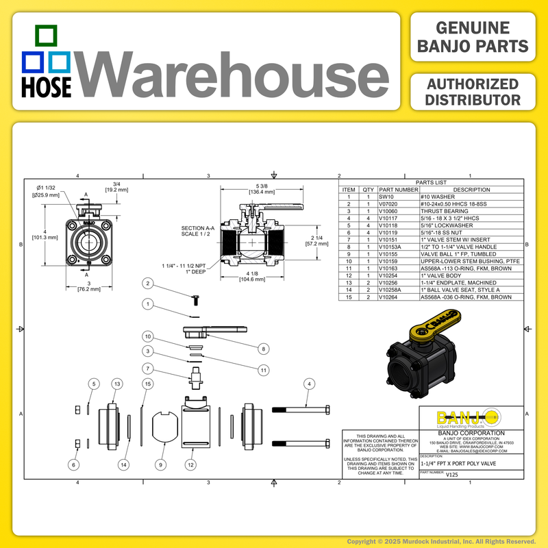 V125 by Banjo | 4 Bolt Ball Valve | Standard Port | 1-1/4" Female NPT x 1-1/4" Female NPT | Opening Thru Ball: 1" | 300 PSI | Polypropylene