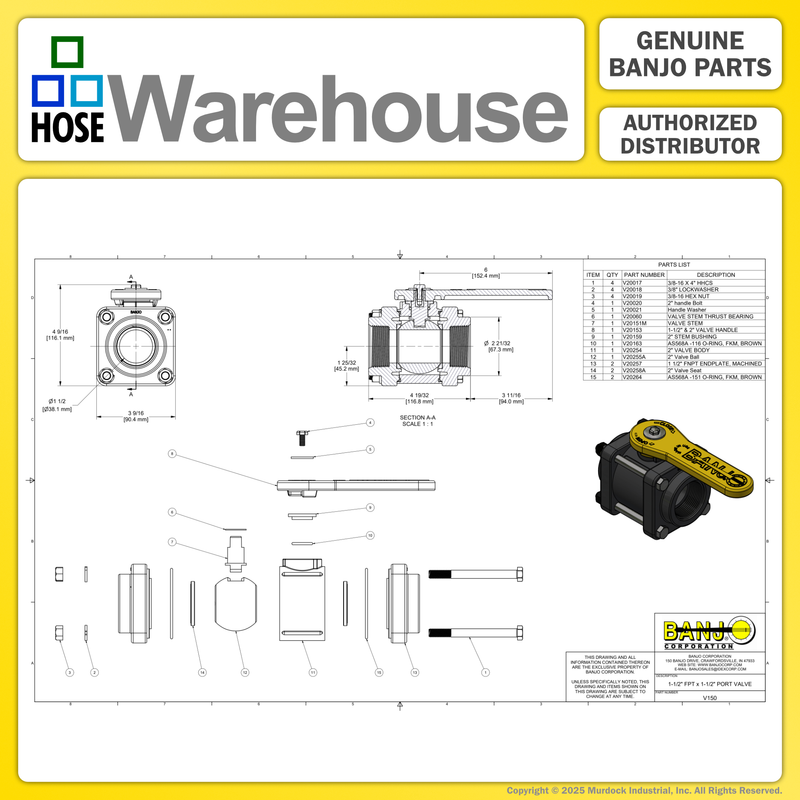 V150 by Banjo | 4 Bolt Ball Valve | Full Port | 1-1/2" Female NPT x 1-1/2" Female NPT | Opening Thru Ball: 1-1/2" | 225 PSI | Polypropylene
