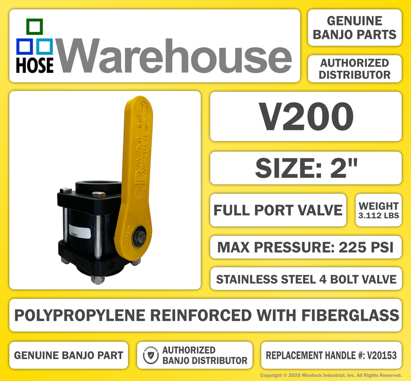 V200 by Banjo | 4 Bolt Ball Valve | Standard Port | 2" Female NPT x 2" Female NPT | Opening Thru Ball: 1-1/2" | 225 PSI | Polypropylene