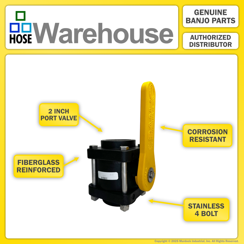 V200 by Banjo | 4 Bolt Ball Valve | Standard Port | 2" Female NPT x 2" Female NPT | Opening Thru Ball: 1-1/2" | 225 PSI | Polypropylene