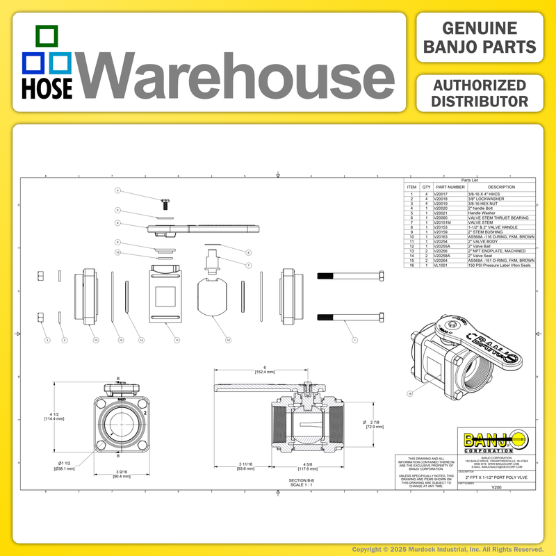 V200 by Banjo | 4 Bolt Ball Valve | Standard Port | 2" Female NPT x 2" Female NPT | Opening Thru Ball: 1-1/2" | 225 PSI | Polypropylene