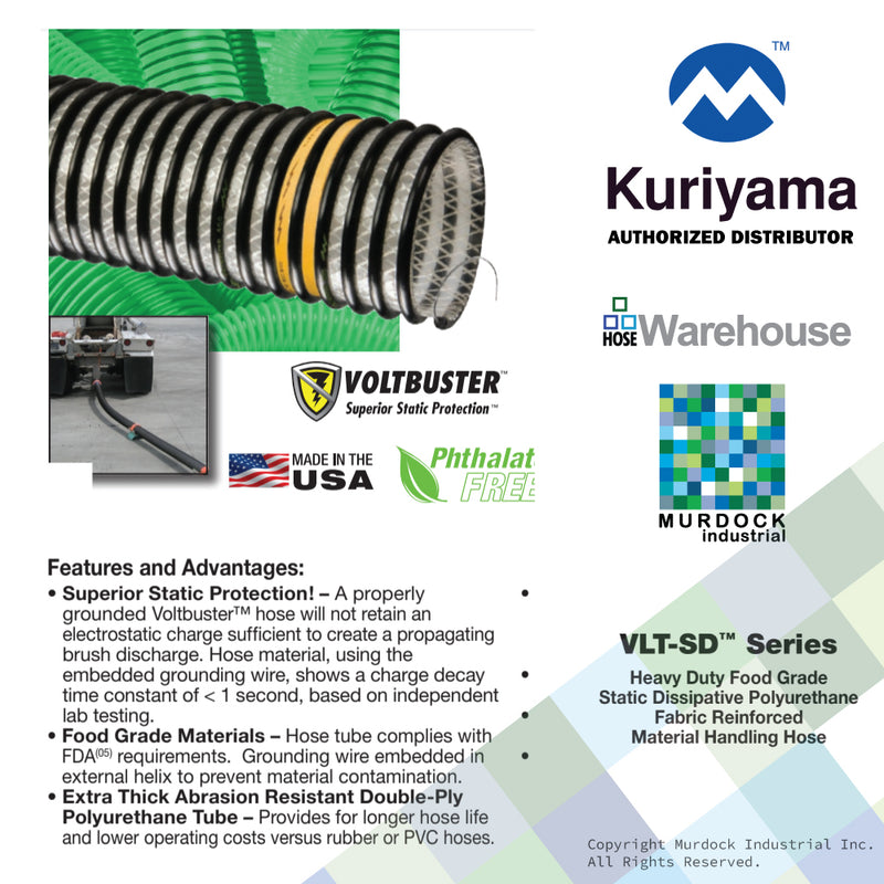VLT-SD400X20 Tigerflex by Kuriyama | VLT Series | Heavy Duty Food Grade Static Dissipative Fabric Reinforced Material Handling Hose | 4" ID | Polyurethane | 20ft Length