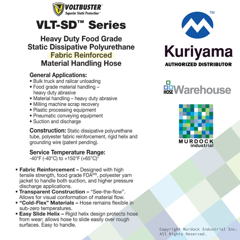 VLT-SD200X100 Tigerflex by Kuriyama | VLT Series | Heavy Duty Food Grade Static Dissipative Fabric Reinforced Material Handling Hose | 2" ID | Polyurethane | 100ft Length