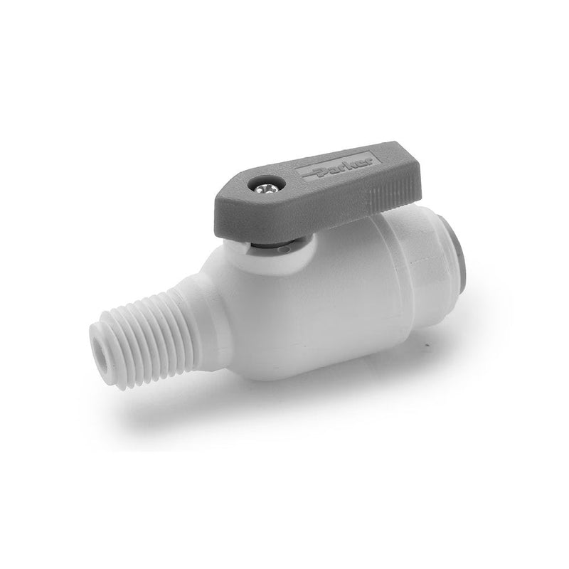 PP6VMC6-MG by Parker | TrueSeal™ Ball Valve | 3/8" Push-to-Connect x 3/8" Male NPTF Thread | 2.51" Length | Straight | White | Polypropylene