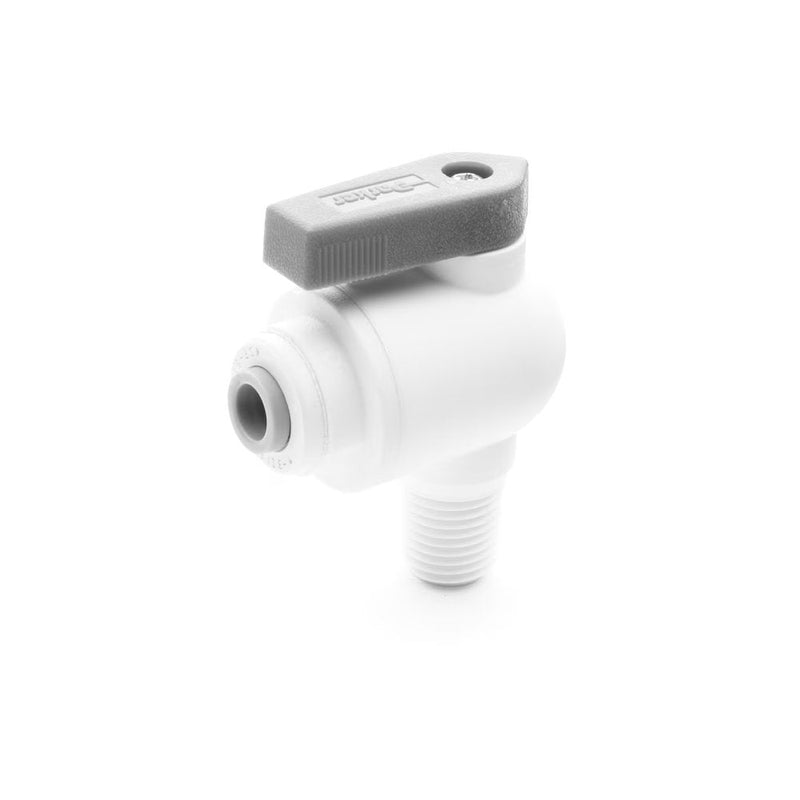 PP4VME4-MG by Parker | TrueSeal™ Ball Valve | 1/4" Push-to-Connect x 1/4" Male NPTF Thread | 2.18" Length | 1.74" Width | 90° Elbow | White | Polypropylene