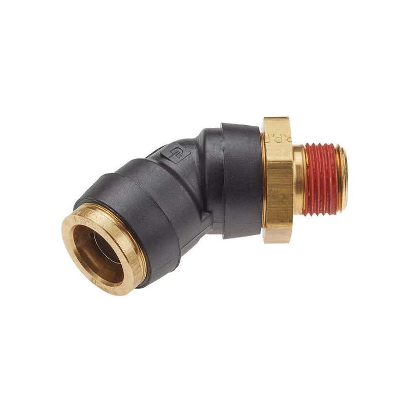 VS379PTCR-6-6 by Parker | Threaded Fitting | 3/8" Rigid Swivel Push-to-Connect x 3/8" Male NPT Threads | 3/4" Hex | 45° Elbow | Composite | Pack of 5