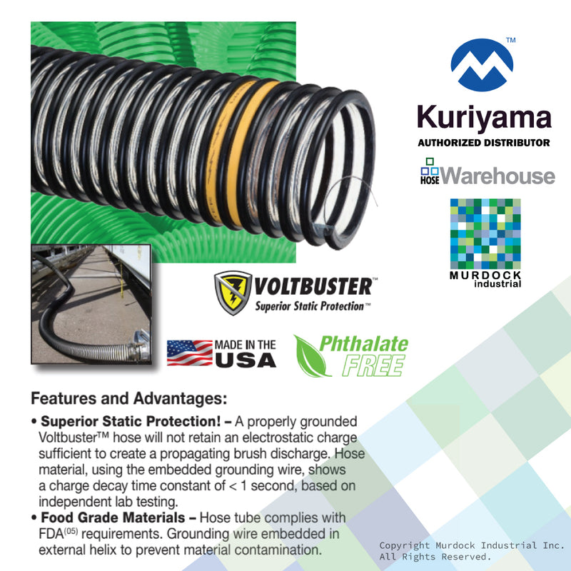 VOLT200X100 Tigerflex by Kuriyama | VOLTBUSTER™ | Heavy Duty Food Grade Static Dissipative Material Handling Hose | 2" ID | Polyurethane | 100ft Length