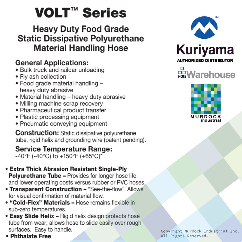VOLT250X100 Tigerflex by Kuriyama | VOLTBUSTER™ | Heavy Duty Food Grade Static Dissipative Material Handling Hose | 2-1/2" ID | Polyurethane | 100ft Length