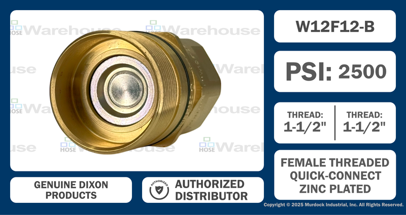 W12F12-B by Dixon Valve | Hydraulic Quick Disconnect Coupling | W-Series | 1-1/2" Female NPTF x 1-1/2" Wingstyle Interchange | Plug | Nitrile Seal | Brass