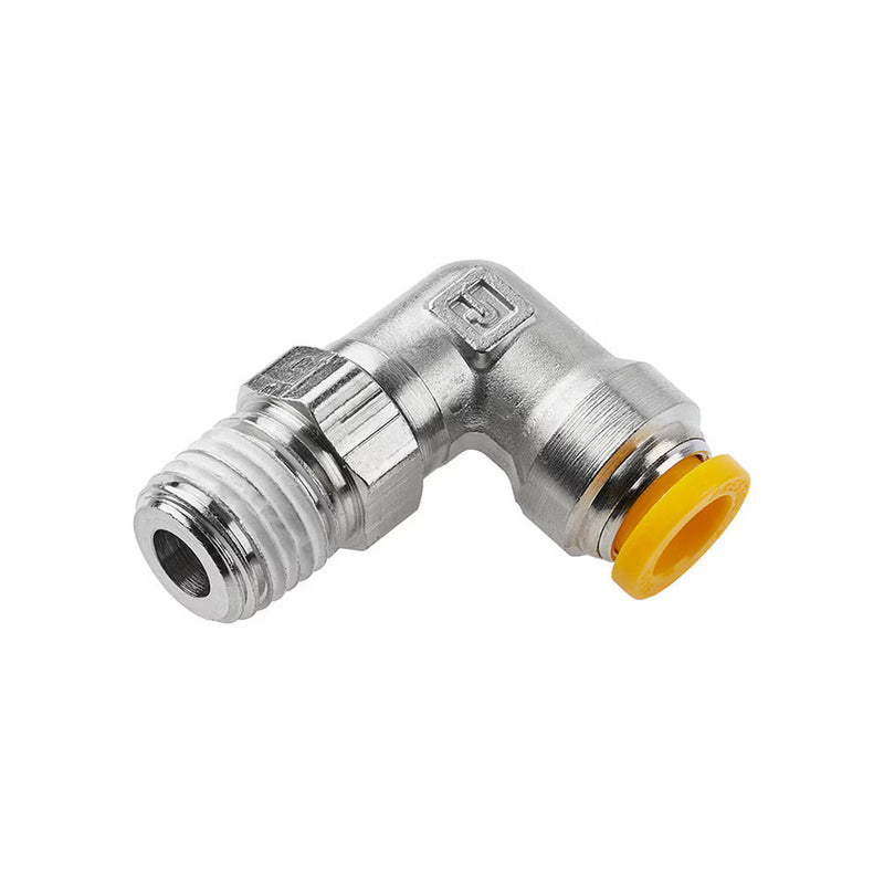 W169PLP-10M-4R by Parker | Prestolok PLP Push-to-Connect Fittings | Threaded Fittings | 10mm Swivel x 1/4" Male BSPT Thread | 9/16" Hex | 23.75mm Length (L) | 31.49mm Length (N) | 6.350mm Flow Dia. | 90° Elbow | Nickel-Plated Brass