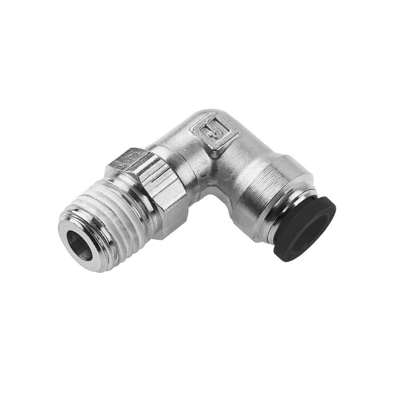 W169PLP-5-2 by Parker | Prestolok PLP Push-to-Connect Fittings | Threaded Fittings | 5/16" Swivel x 1/8" Male NPTF Thread | 9/16" Hex | .97" Length (L) | 1.02" Length (N) | .250" Flow Dia. | 90° Elbow | Nickel-Plated Brass | Pack of 10