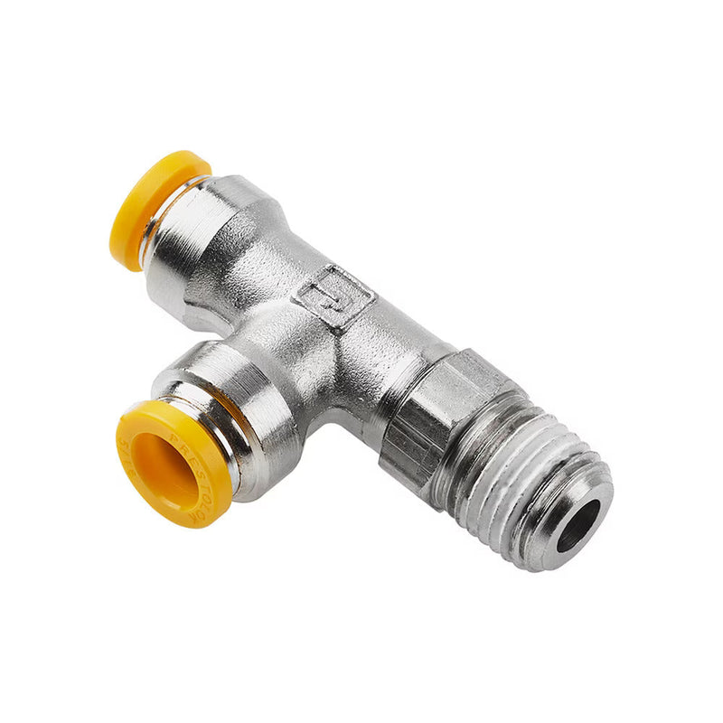 W171PLP-8M-4R by Parker | Prestolok PLP Push-to-Connect Fittings | Threaded Fitting | 8mm Swivel Push-to-Connect x 8mm Swivel Push-to-Connect x 1/4" Male BSPT Thread | 9/16" Hex | Tee | Nickel-Plated Brass