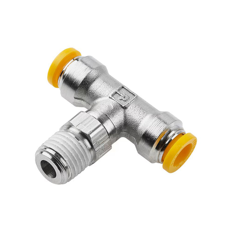 W172PLP-4M-2R by Parker | Prestolok PLP Push-to-Connect Fittings | Threaded Fitting | 4mm Swivel Push-to-Connect x 4mm Swivel Push-to-Connect x 1/8" Male BSPT Thread | 7/16" Hex | Tee | Nickel-Plated Brass