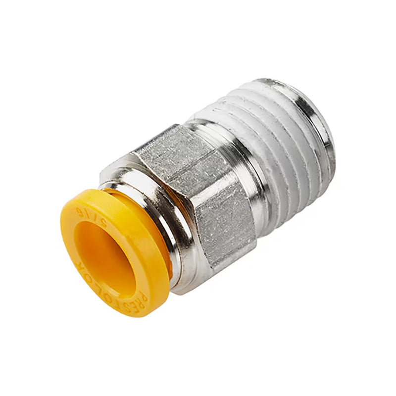 W68PLP-4M-2R by Parker | Prestolok PLP Push-to-Connect Fittings | Threaded Fitting | 4mm Connector x 1/8" Male BSPT Thread | 7/16" Hex | 20.41mm Length | 3.175mm Flow Dia. | Straight | Nickel-Plated Brass
