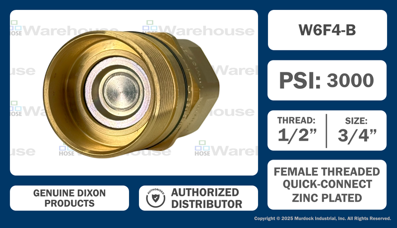 W6F4-B by Dixon Valve | Hydraulic Quick Disconnect Coupling | W-Series | 1/2" Female NPTF x 3/4" Wingstyle Interchange | Plug | Nitrile Seal | Brass