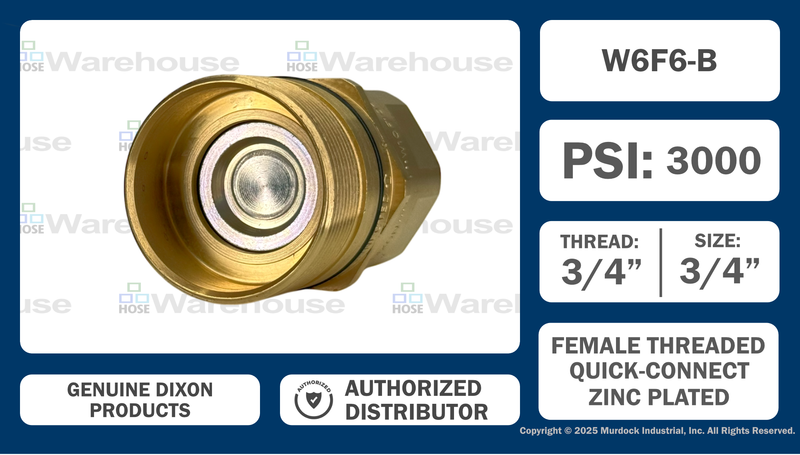 W6F6-B by Dixon Valve | Hydraulic Quick Disconnect Coupling | W-Series | 3/4" Female NPTF x 3/4" Wingstyle Interchange | Plug | Nitrile Seal | Brass
