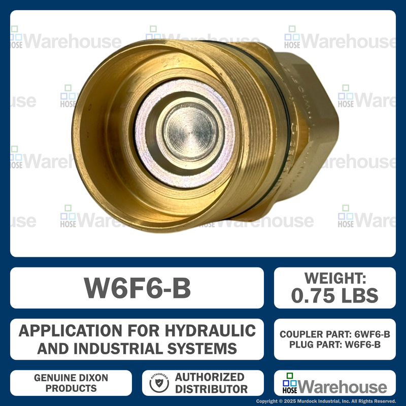 W6F6-B by Dixon Valve | Hydraulic Quick Disconnect Coupling | W-Series | 3/4" Female NPTF x 3/4" Wingstyle Interchange | Plug | Nitrile Seal | Brass