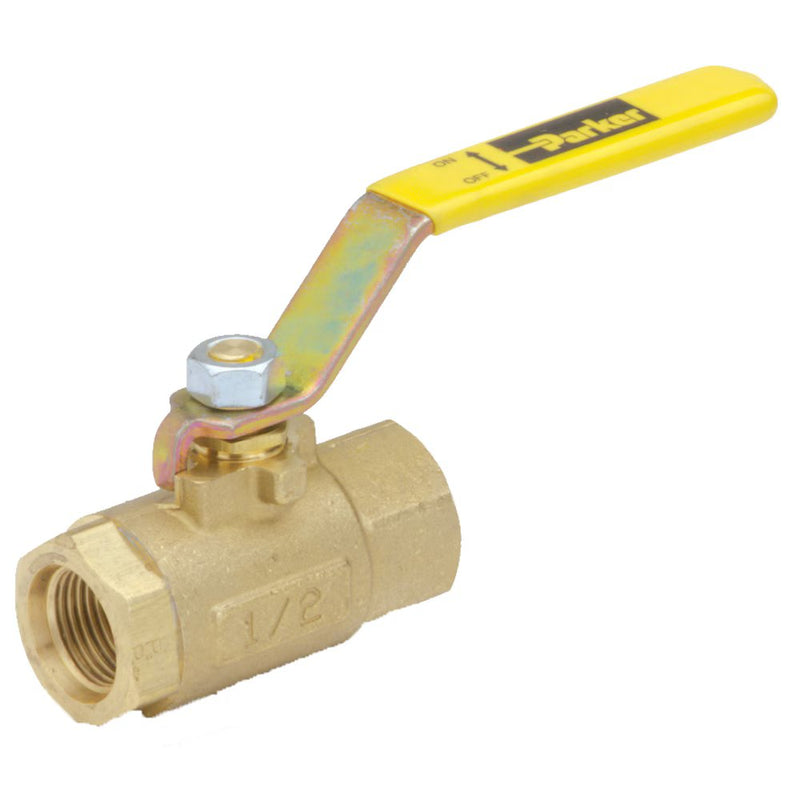 VV500P-6 by Parker | Ball Valves | 3/8" Female PTF Pipe Thread | 15/16" Hex (B) | 15/16" Hex (C) | 4.90" Length | Straight | Brass