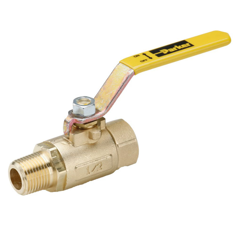 VV501P-4 by Parker | Ball Valves | 1/4" Female PTF Pipe Thread x 1/4" Male NPTF Pipe Thread | 15/16" Hex (B) | 15/16" Hex (C) | 5.46" Length | Straight | Brass
