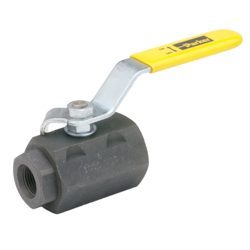 V506CS-4 by Parker | Ball Valve | 7/16" Female Thread | 1-1/16" Hex (B) | 15/16" (C) | 4.78" Length | Straight | Carbon Steel