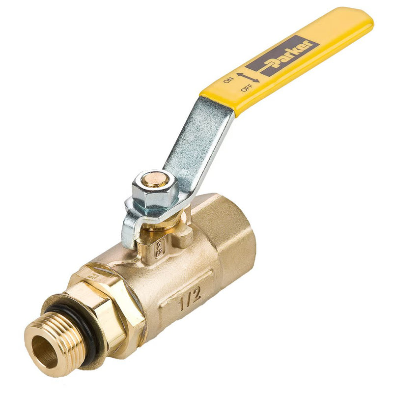 V510P-16 by Parker | Ball Valves | 1-5/16" Male-Female Thread | 1-1/2" Hex (B) | 1-9/16" Hex (C) | 6.44" Length | Straight | Brass