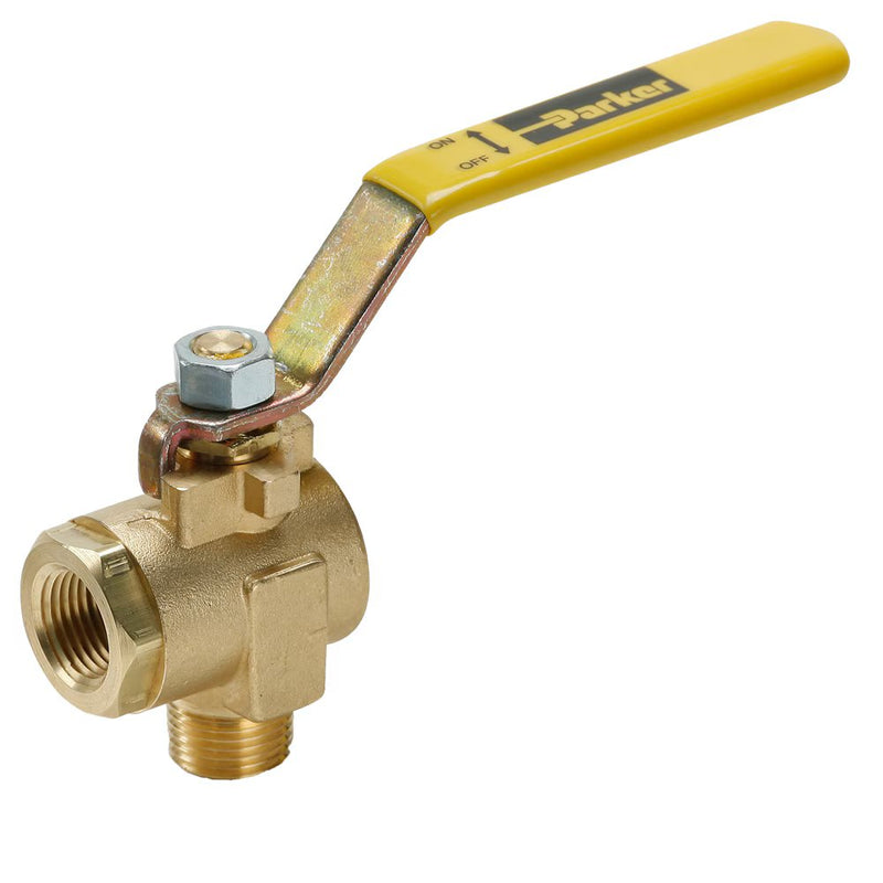 V590P-8-04 by Parker | Ball Valves | 1/2" Male-Female PTF Pipe Thread | 1-1/16" Hex | 4.88" Length | 90° Elbow | Brass