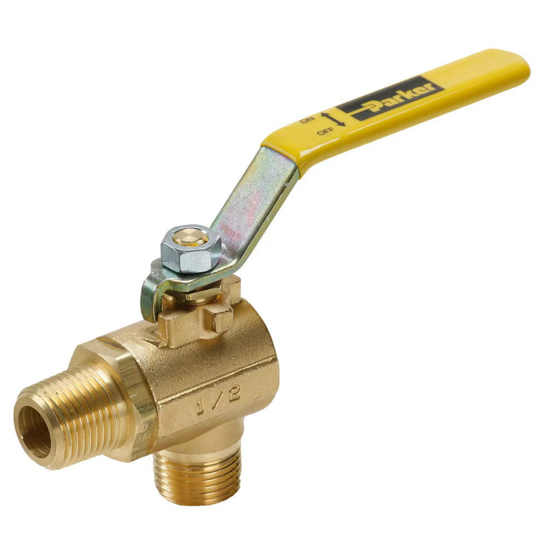V591P-4-04 by Parker | Ball Valves | 1/4" Male Pipe Thread | 15/16" Hex | 5.52" Length | 90° Elbow | Brass