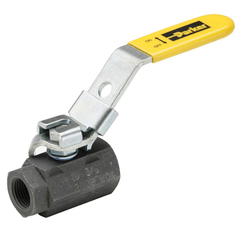 VP500CS-6 by Parker | Ball Valves | 3/8" Female Pipe Thread | 1-1/16" Hex (B) | 15/16" Hex (C) | 5.13" Length | Straight | Carbon Steel