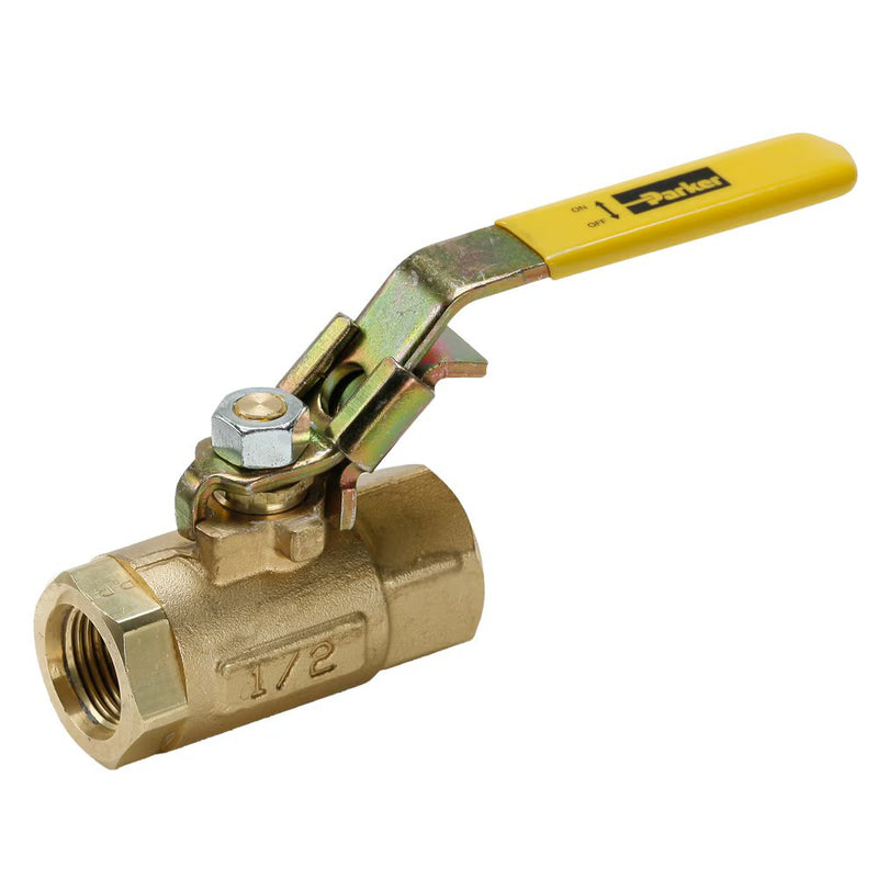 VP500P-6 by Parker | Ball Valves | 3/8" Female PTF Pipe Thread | 15/16" Hex (B) | 15/16" Hex (C) | 4.90" Length | Straight | Brass