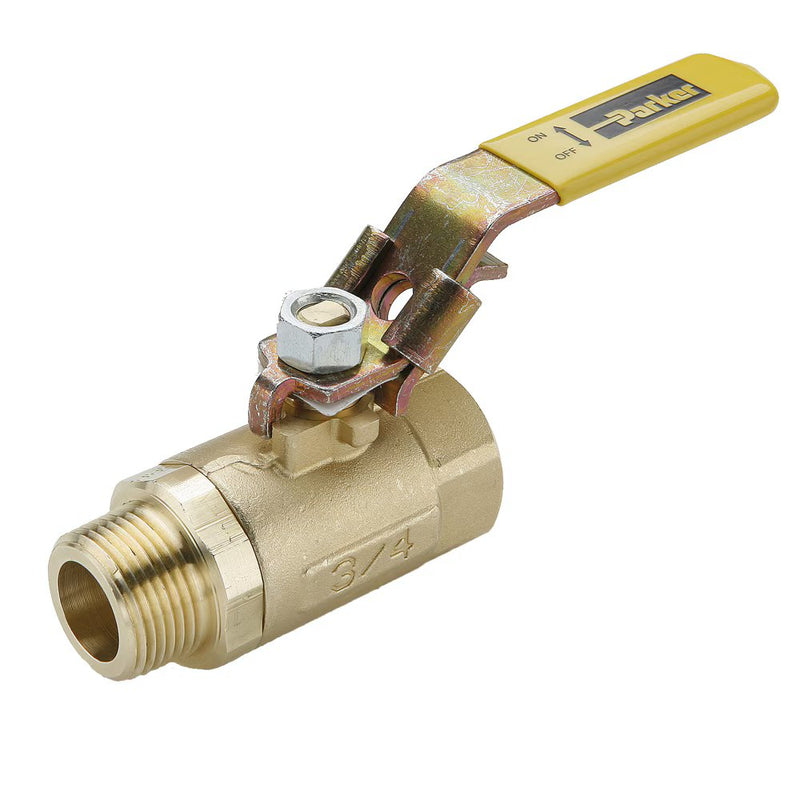 VVP501P-12 by Parker | Ball Valves | 3/4" Female PTF Pipe Thread x 3/4" Male NPTF Pipe Thread | 1-1/4" Hex (B) | 1-5/16" Hex (C) | 5.83" Length | Straight | Brass | Pack of 8