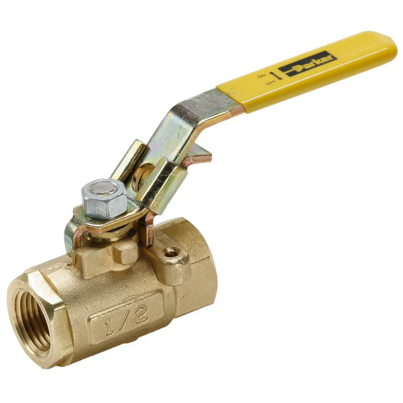 V502P-6-04 by Parker | Ball Valve | 3/8" Female PTF Pipe Thread | 15/16" Hex (B) | 15/16" (C) | 4.90" Length | Straight | Brass