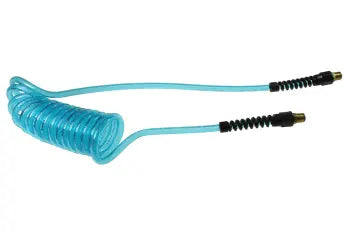 PU38-15-T by Coilhose | Flexcoil Air Hose | 3/8" Hose ID x 9/16" Hose OD | 3/8" Male NPT Rigid Strain Relief Fittings | Transparent Blue | Polyurethane | 15ft
