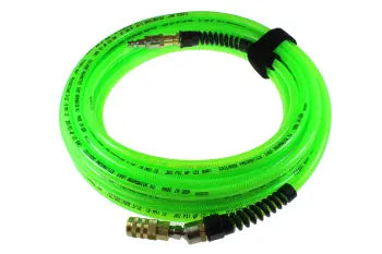 PFX6050GS15XS by Coilhose | Flexeel® Max Reinforced Straight Air Hose | 3/8" Hose ID | 1/4" Ball Swivel Coupler | 1/4" Air Safety Plug | Industrial | 50ft | Green | Polyurethane