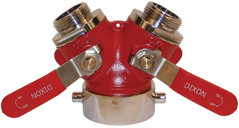 S7100-15S Dixon Cast Brass Full Flow 1/4 Turn Ball Type Hose Valve - 1-1/2" Female NPSH Swivel Inlet x 1-1/2" Male NPSH Outlets (Two)