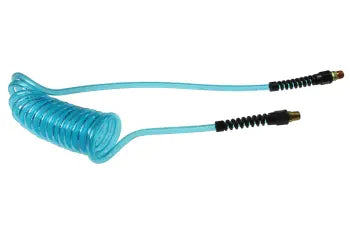 PU14-30A-T by Coilhose | Flexcoil Air Hose | 1/4" Hose ID x 3/8" Hose OD | 1/4" Male NPT Swivel & Rigid Strain Relief Fittings | Transparent Blue | Polyurethane | 30ft