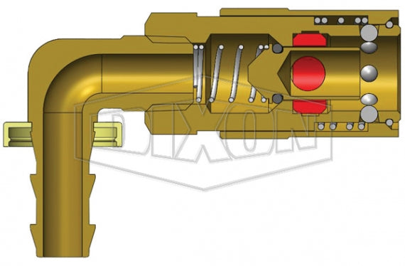 2CM9B2-B by Dixon Valve | Hydraulic Quick Disconnect Coupling | CM-Series | Push-Loc Hose Barb | 90° Elbow | 1/4" Hose ID x 1/4" Industrial Mold Interchange | Socket | Valved | Silicone Seal | Brass