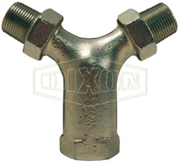 Y10075 by Dixon Valve is a Pneumatic Compressor Y with a 1" Female NPT Inlet and Two 3/4" Male NPT Outlets. Made of Iron. Converts a single supply source to a dual outlet.