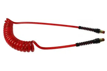 PUE38-15B-TR by Coilhose | Flexeel® Reinforced Coiled Air Hose | 3/8" Hose ID x 9/16" Hose OD | 3/8" Male NPT Swivel Reusable Strain Relief Fittings | Transparent Red | Polyurethane | 15ft