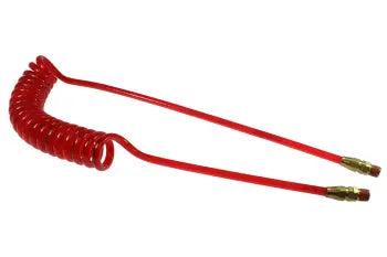 PRE38-104B-TR by Coilhose | Flexeel® Reinforced Coiled Air Hose | 3/8" Hose ID x 9/16" Hose OD | 1/4" Male NPT Swivel Reusable Fittings | Transparent Red | Polyurethane | 10ft