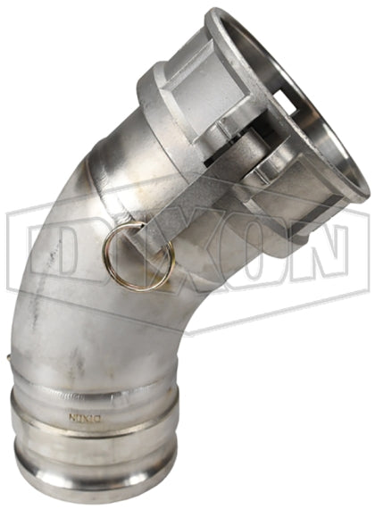 300DA-45SS by Dixon Valve | Cam & Groove Coupling | 45° Elbow | Type DA | 3" Adapter x 3" Coupler | 316 Stainless Steel