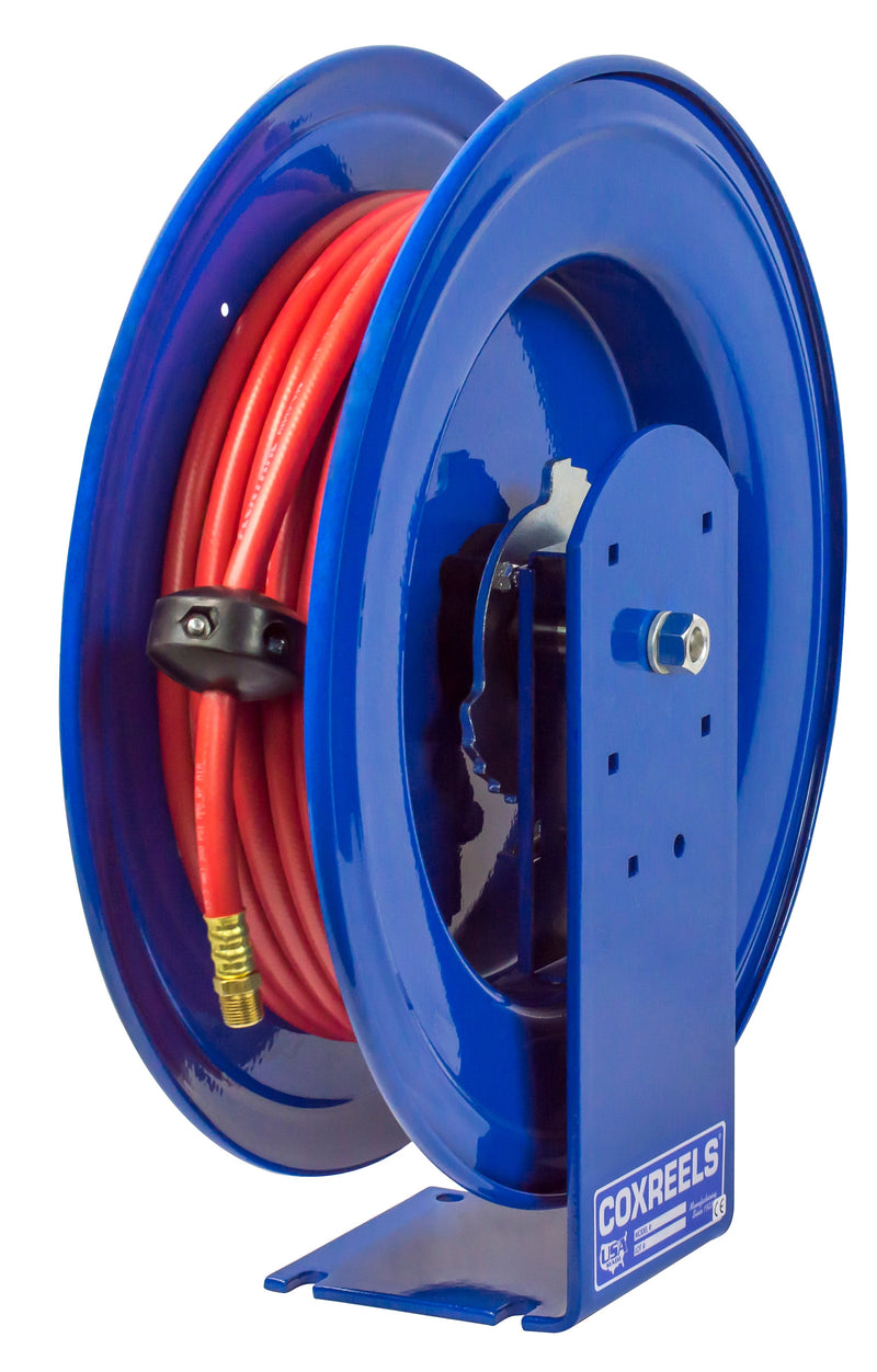 E-LP-350 by Coxreels | E Series | 300 PSI Spring Driven Hose Reel for Air & Water | 3/8" Hose ID, 3/8" FNPT Inlet x 3/8" MNPT Hose End | Steel | 50ft PVC Hose Included