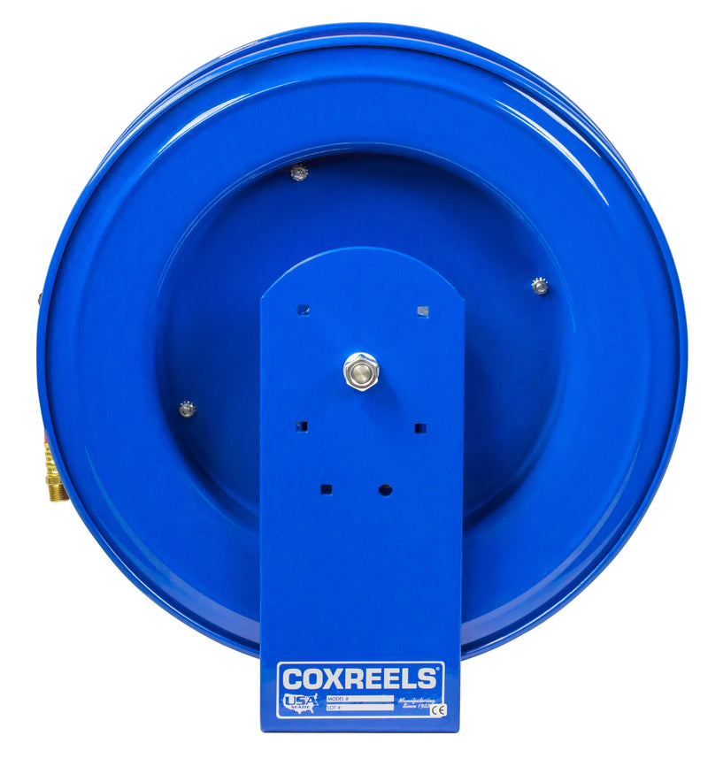 E-LP-330 by Coxreels | E Series | 300 PSI Spring Driven Hose Reel for Air & Water | 3/8" Hose ID, 3/8" FNPT Inlet x 3/8" MNPT Hose End | Steel | 30ft PVC Hose Included