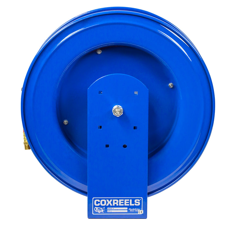 E-MP-350 by Coxreels | E Series | 3,000 PSI Spring Driven Hose Reel for Air, Water & Oil | 3/8" Hose ID, 3/8" FNPT Inlet x 3/8" MNPT Hose End | Steel | 50ft Rubber Hose Included