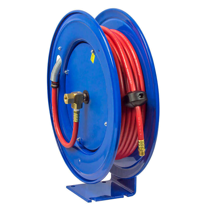 E-MP-330 by Coxreels | E Series | 3,000 PSI Spring Driven Hose Reel for Air, Water & Oil | 3/8" Hose ID, 3/8" FNPT Inlet x 3/8" MNPT Hose End | Steel | 30ft Rubber Hose Included