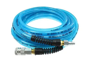 PFE6050TS58C by Coilhose | Flexeel® Reinforced Hose | 3/8" Hose ID | 9/16" Hose OD | 3/8" Coupler & Connector with Reusable Strain Relief & Quick Connect Fittings | Industrial | 50ft | Transparent Blue | Straight | Polyurethane