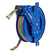 EZ-SG17WT-150 by Coxreels | EZ-SGW Series | 200 PSI Side Mount EZ-Coil Safety Spring Driven Hose Reel with Guide Arm for Oxy-Fuel Welding (T-Grade) | 1/4" Hose ID, 1/4" FNPT Inlet x 1/4" MNPT Hose End | Steel | 50ft Neoprene Hose Included