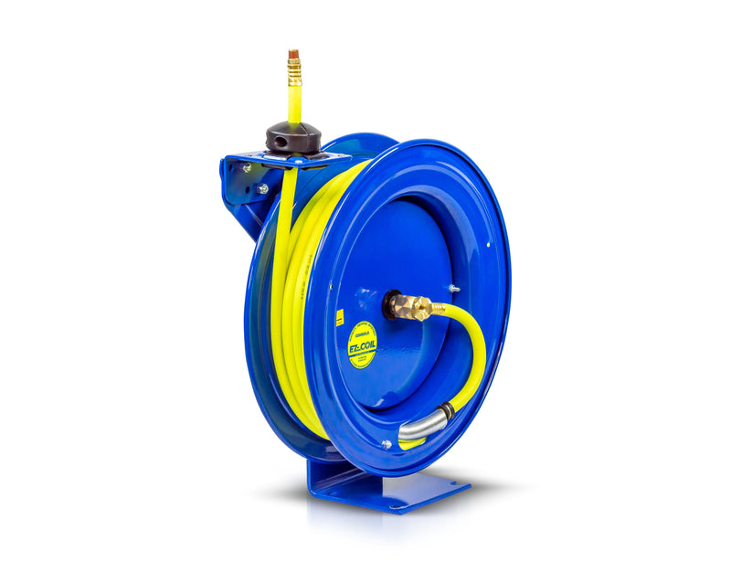 EZ-P-LP-450-HV by Coxreels | EZ-P HI-VIS Series | 300 PSI EZ-Coil Safety Spring Driven Hose Reel for Air & Water | 1/2" Hose ID, 1/2" FNPT Inlet x 1/2" MNPT Hose End | Steel | 50ft PVC/Rubber Hybrid Hose Included
