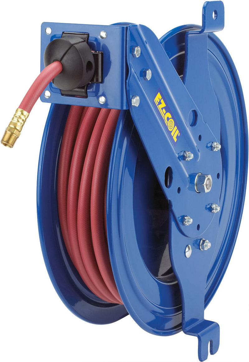 EZ-SG19-L450 by Coxreels | EZ-SG Series | 300 PSI Side Mount EZ-Coil Safety Spring Driven Hose Reel with Guide Arm for Air & Water | 1/2" Hose ID, 1/2" FNPT Inlet x 1/2" MNPT Hose End | Steel | 50ft PVC Hose Included