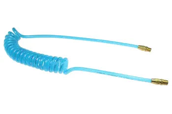 PRE38-25-T by Coilhose | Flexeel® Reinforced Coiled Air Hose | 3/8" Hose ID x 9/16" Hose OD | 3/8" Male NPT Rigid Reusable Fittings | Transparent Blue | Polyurethane | 25ft