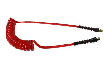 PUE38-254-TR by Coilhose | Flexeel® Reinforced Coiled Air Hose | 3/8" Hose ID x 9/16" Hose OD | 1/4" Male NPT Rigid Reusable Strain Relief Fittings | Transparent Red | Polyurethane | 25ft